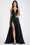 Sparkly Navy A-Line Spaghetti Straps Sequins Long Prom Dress with Slit