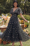 Yellow V-Neck Embroidered A-Line Tulle Floral Dress with Flutter Sleeves