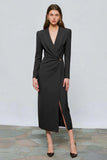 Red Peak Lapel Sheath Long Sleeve Work Dress with Slit