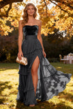 Khaki Sweetheart Tiered Ruffled A-Line Chiffon Maxi Dress with Slit