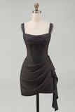 Tulle Ivory Corset Square Neck Ruched Bodycon Mini Graduation Dress with Ruffles