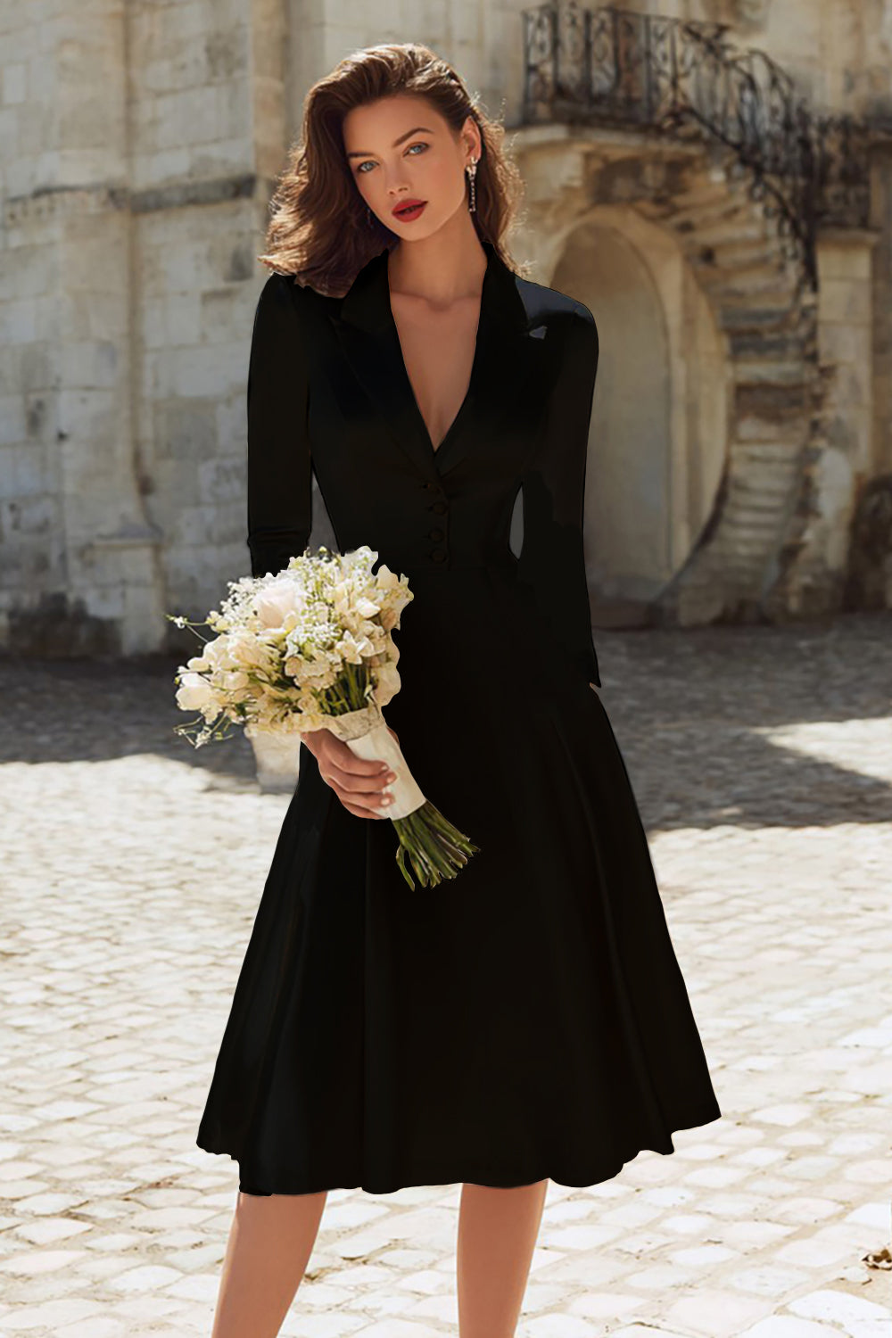 Zapaka Women Ivory Satin Midi Engagement Dress with Long Sleeves Peaked Lapel A Line Bridal Dress, Black / US22W Zapaka Women Ivory Satin Midi Engagement Dress with Long Sleeves Peaked Lapel A Line Bridal Dress, Black / US22W