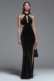 Dark Green Velvet Halter Sheath Long Formal Dress with Slit