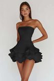 White Strapless A Line Tiered Matte Satin Graduation Dress