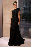 Brown Crepe Sheath Ruched One Shoulder Gala Dress