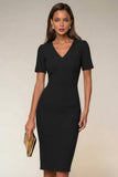 Black Bodycon V-Neck Midi Work Dress with Short Sleeves