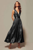 Fuchsia A-Line Metallic Pleated V-Neck Formal Dress
