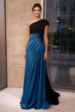 Brown Crepe Sheath Ruched One Shoulder Gala Dress