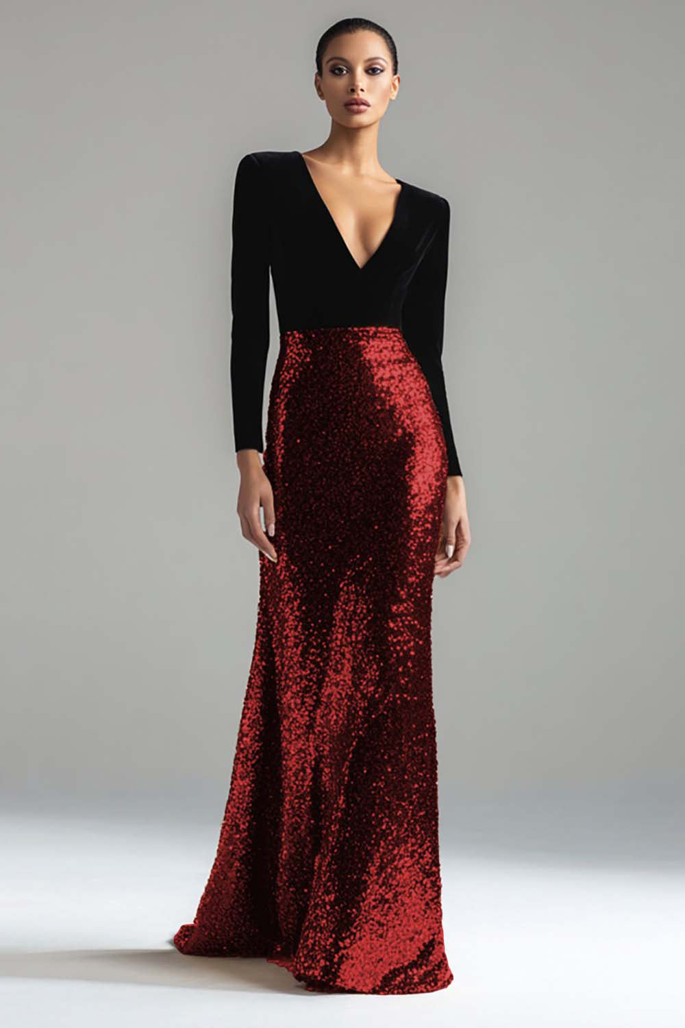 Zapaka Women Sparkly Gold and Black Long Formal Dress Sheath V-Neck