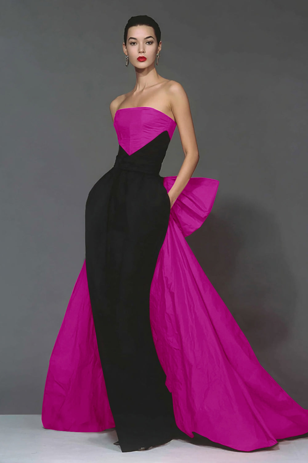 Zapaka Women Strapless Formal Dress with Bow Black and Red Mermaid