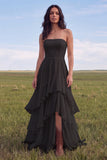 Strapless Ivory A Line Ruffled Boho Wedding Dress with Slit