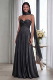 Sky Blue Strapless A Line Pleated Long Formal Dress with Ribbon