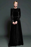 Dark Purple A-Line Velvet Long Formal Dress With Long Sleeves