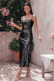 Sparkly Gold Bodycon Spaghetti Straps Midi Dress with Sequins