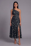 Orange One Shoulder Tulle Embroidered Floral Dress with Slit