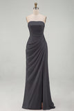 Light Pink Strapless Sheath Ruched Long Prom Dress with Slit