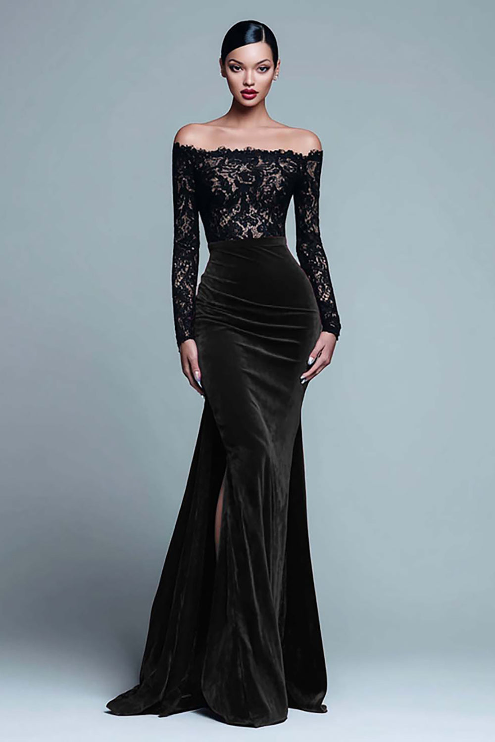 Zapaka Women Black and Burgundy Long Formal Dress with Lace Velvet Off the Shoulder Long Sleeves Holiday Party Dress with Slit, Black / US14 Zapaka Women Black and Burgundy Long Formal Dress with Lace Velvet Off the Shoulder Long Sleeves Holiday Party Dress with Slit, Black / US14