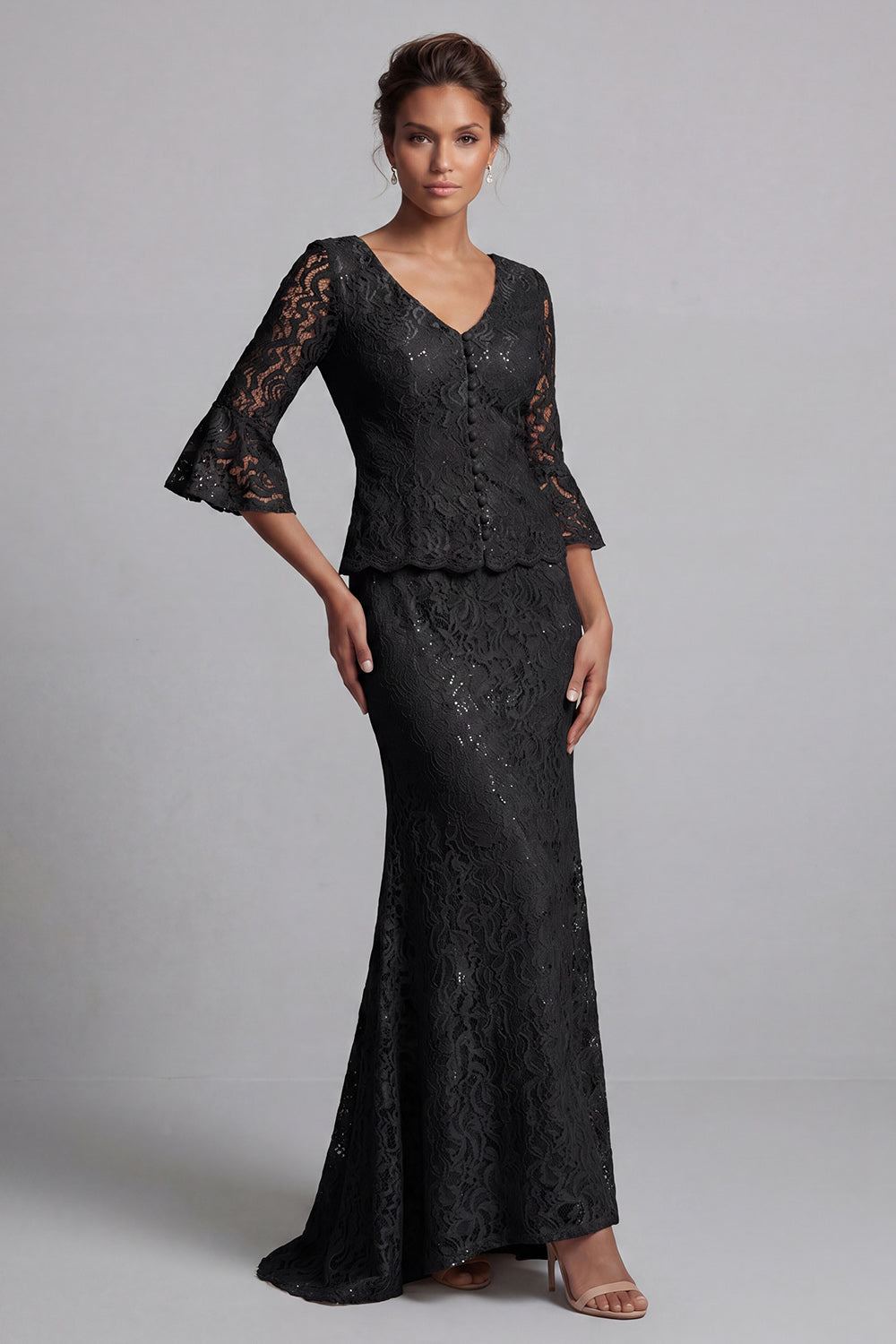 Zapaka Women Champagne Lace Floral Long Mother of the Bride Dress with Sleeves Mermaid V-Neck Wedding Guest Dress, Black / US16