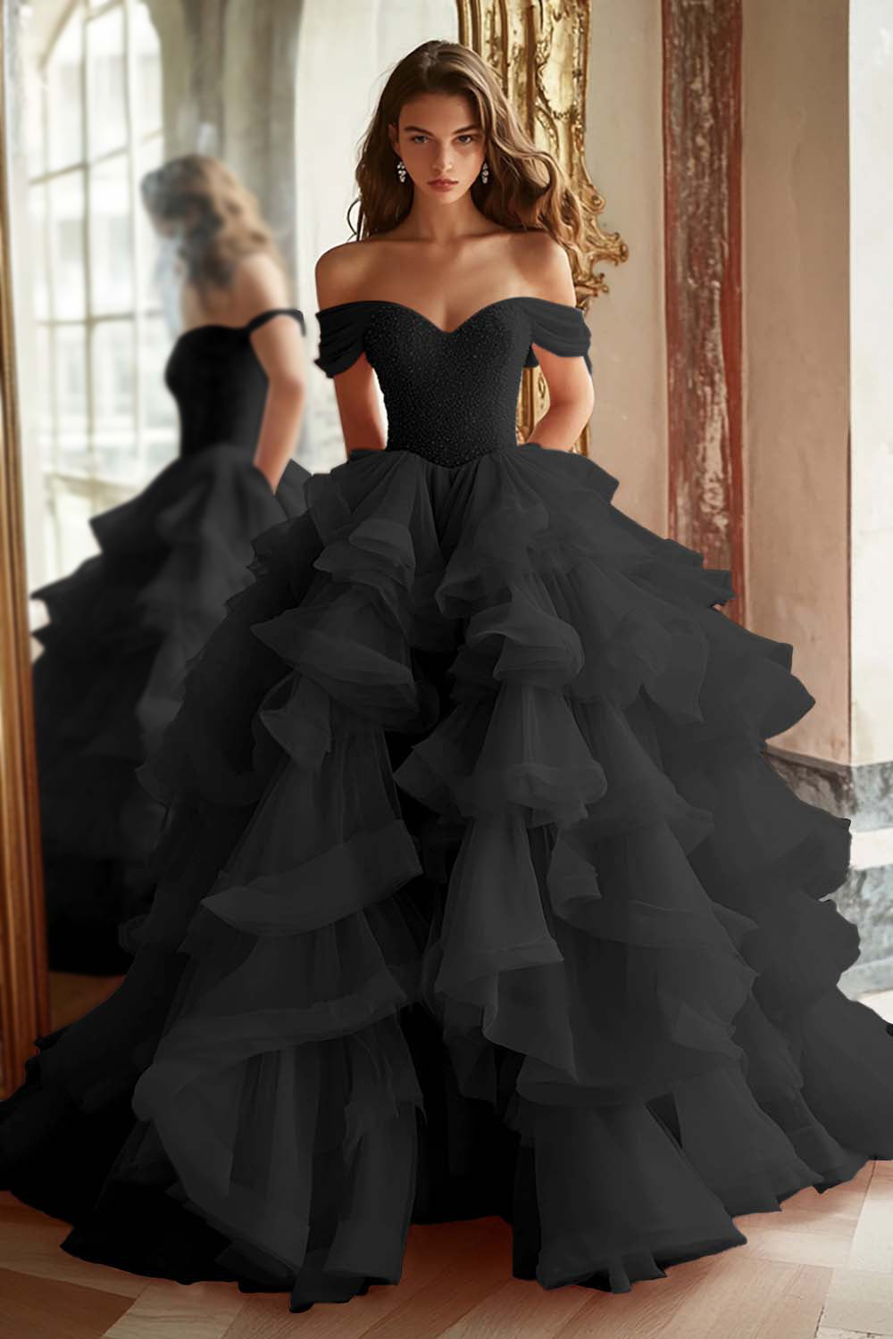Zapaka Women Black Princess Prom Dress Off The Shoulder Tiered Ruffle Long Party Dress ZAPAKA Zapaka Women Black Princess Prom Dress Off The Shoulder Tiered Ruffle Long Party Dress ZAPAKA
