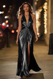 Red Halter Metallic Ruched Formal Dress Wth Slit