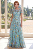 A-Line Green Tulle Bateau Neck Embroidered Mother Of the Bride Dress