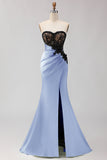 Strapless Mermaid Black Green Appliqued Lace Long Prom Dress with Slit