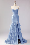 Red Mermaid Sweetheart Beaded Corset Ruffled Long Prom Dress with Slit
