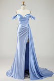 Golden Mermaid Off the Shoulder Beaded Pleated Satin Long Prom Dress with Slit