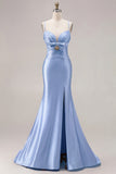Fuchsia Mermaid Cut Out Satin Pleated Bowed Long Prom Dress with Slit