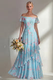 Green A Line Chiffon Off the Shoulder Printed Floral Long Bridesmaid Dress with Ruffles