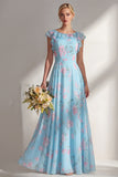 A Line Blue Chiffon Printed Floral Long Bridesmaid Dress with Ruffles