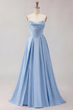 Golden Strapless Satin A-Line Corset Long Prom Dress