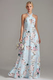 Pink A-Line Halter Neck Floral Long Bridesmaid Dress