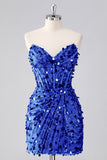 Sparkly Fuchsia Strapless Tight Short Sequins Corset Homecoming Dress with Beading