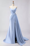 Royal Blue Strapless Mermaid Beaded Long Satin Prom Dress with Slit