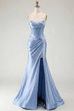 Sweetheart Burgundy Mermaid Beaded Corset Plus Size Long Prom Dress with Slit