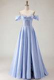 Off The Shoulder A Line Beaded Satin Purple Long Prom Dress with Slit