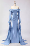 Dark Green Off The Shoulder Ruched Satin Mermaid Long Prom Dress with Long Sleeves