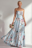 Floral Blue A-Line Strapless Printed Long Bridesmaid Dress