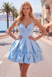 Pink A-Line Spaghetti Straps Ruched Short Homecoming Dress with Lace Up Back