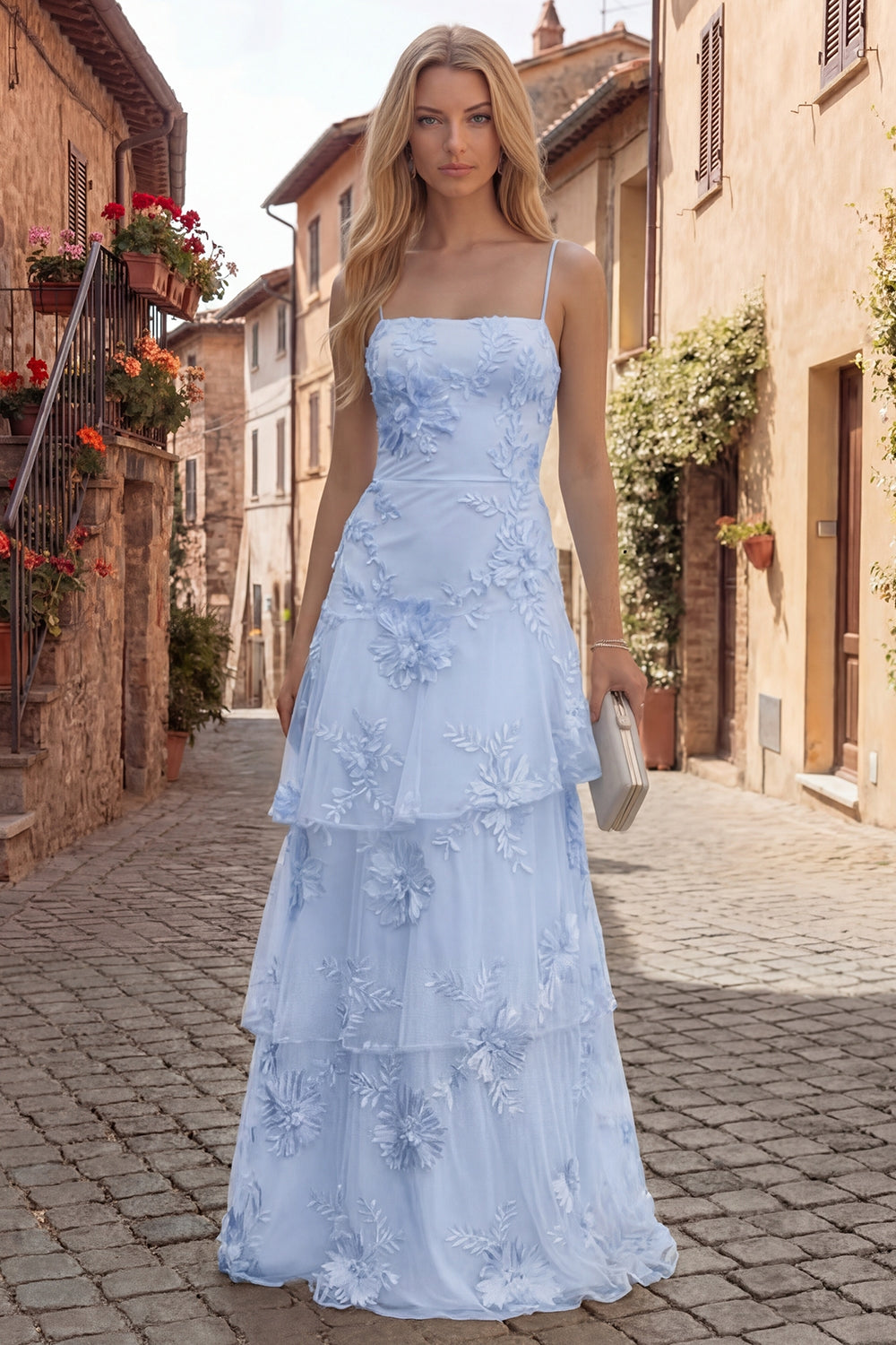Zapaka Women Yellow Long Prom Dress with Floral Embroidery A-Line Spaghetti Straps Tiered Formal Dress, Blue / US24W