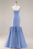 Fuchsia Strapless Satin Mermaid Long Prom Dress with 3D Flowers