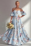 A-Line Pink Strapless Floral Long Bridesmaid Dress with Puff Sleeves