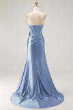 Navy Mermaid Strapless Corset Ruched Beaded Long Prom Dress with Bow