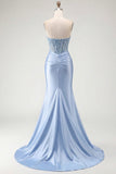 Champagne Sweetheart Beaded Mermaid Corset Ruched Long Prom Dress with Slit