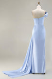 Green One Shoulder Ruched Sheath Long Prom Dress with Slit