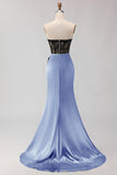 Strapless Mermaid Black Green Appliqued Lace Long Prom Dress with Slit