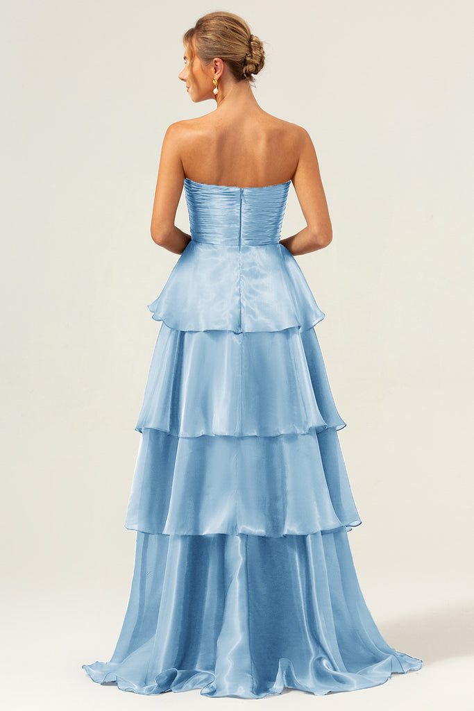 Dusty Blue Jacquard Pearl Strapless A Line Long Tiered Ball Dress with Slit