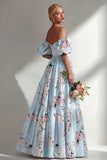 A-Line Pink Strapless Floral Long Bridesmaid Dress with Puff Sleeves