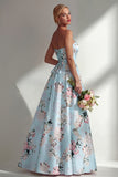 Floral Blue A-Line Strapless Printed Long Bridesmaid Dress